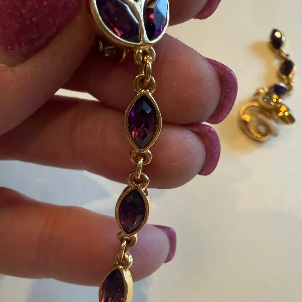 Swarorski Gold and Amethyst color Purple 2” Drop Earrings - Picture 3 of 7